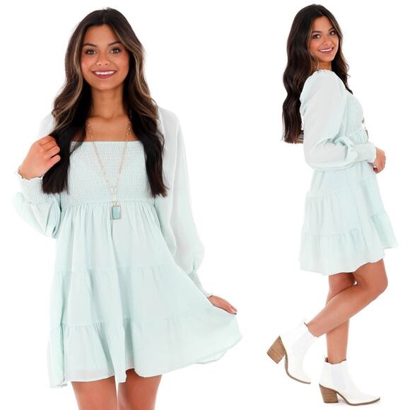 BLU PEPPER • Mint Green Long Sleeve Smocked Tiered Dress - Picture 1 of 9